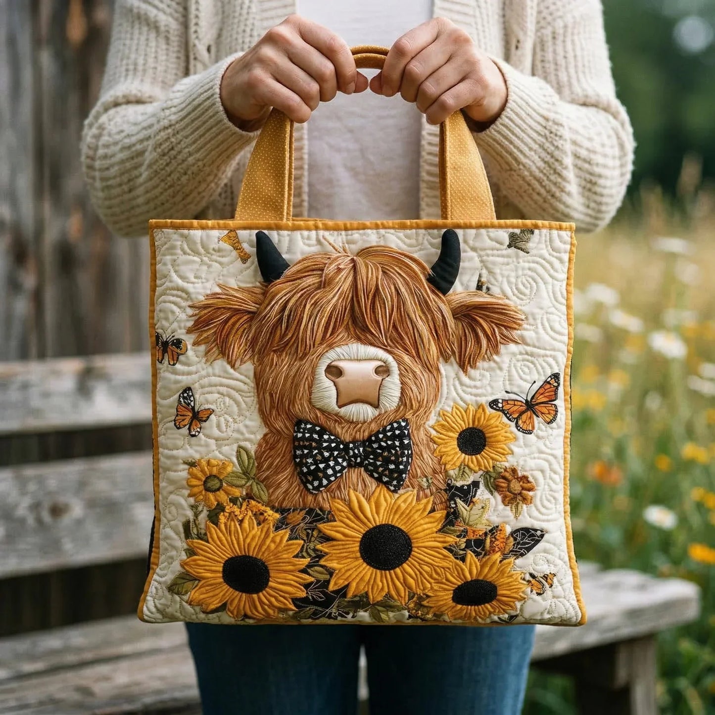 Bolso Artesanal - Vaca de las Highlands con Girasoles