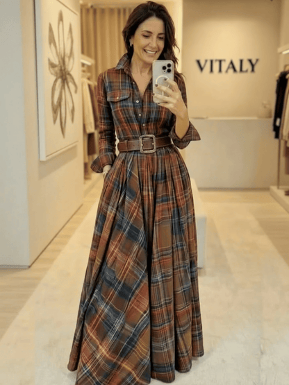 Isabel| Vestido largo de cuadros con cinturón