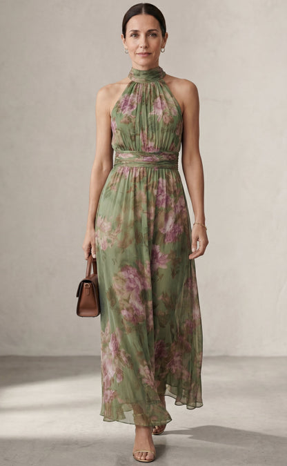 Livia | Vestido maxi halter floral elegante