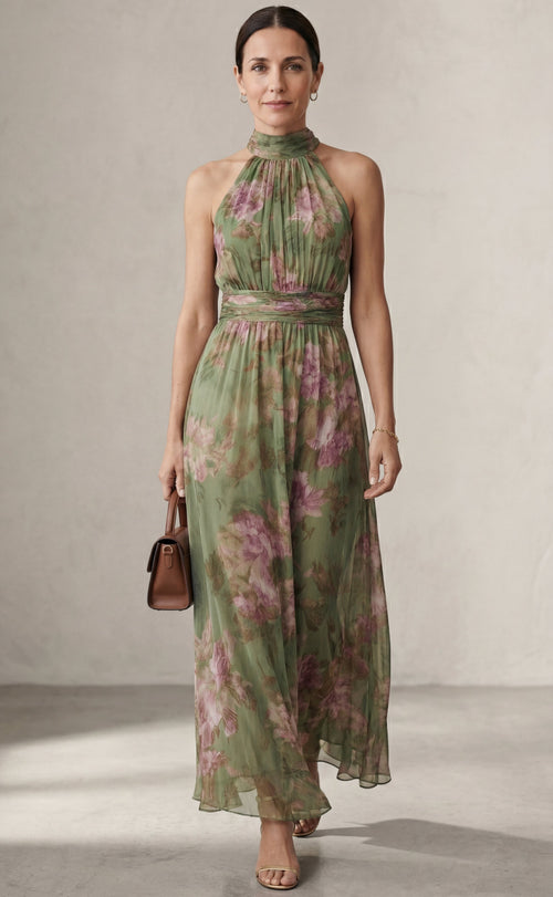 Livia | Vestido maxi halter floral elegante