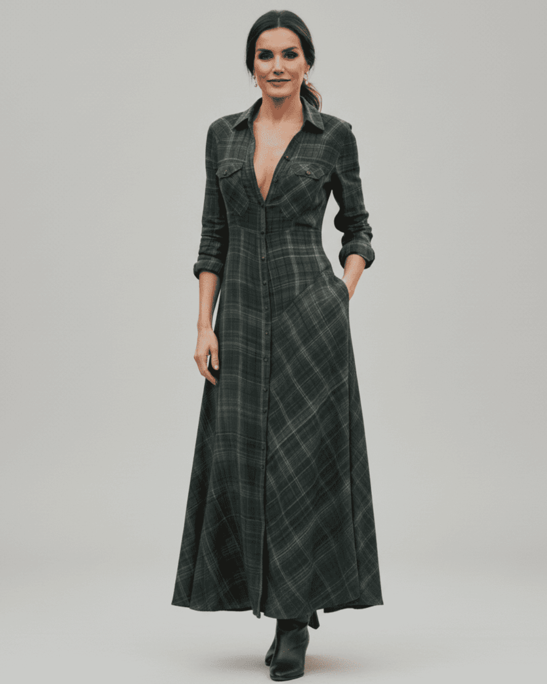 Letizia| Vestido largo a cuadros verde