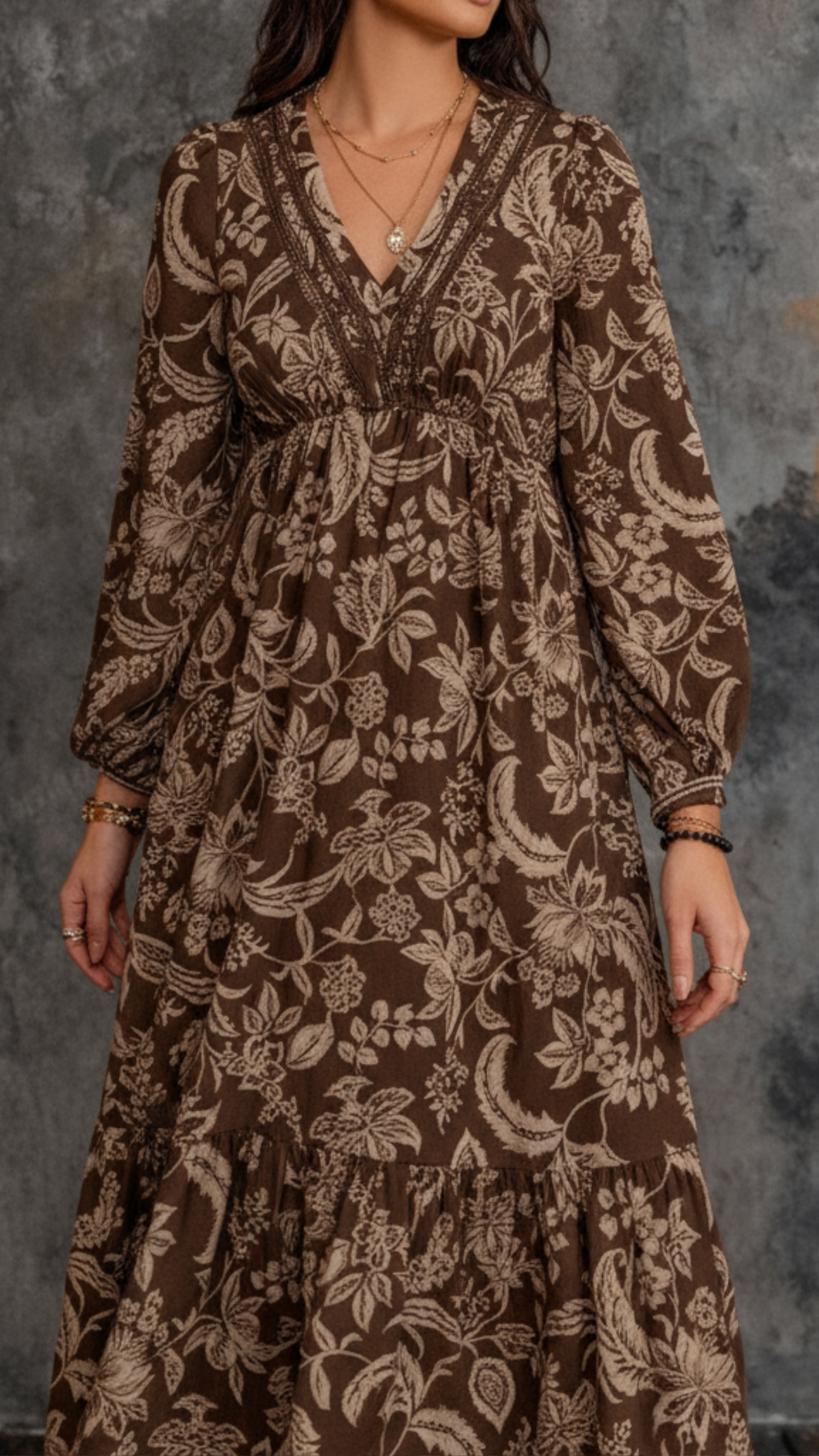 Alicia| Vestido bohemio con cuello en V de encaje estampado floral