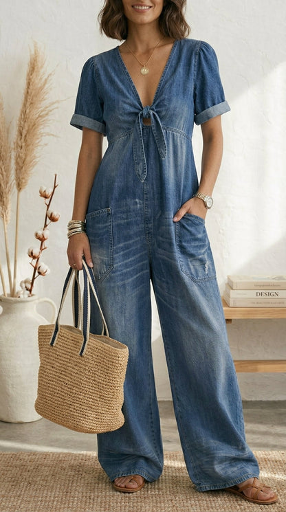 Lola Mono Azul Escote en V Pernera Ancha