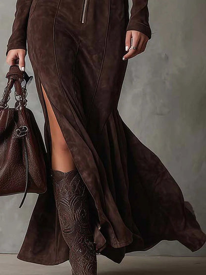 Susan | Long Vintage Brown Belted Dress