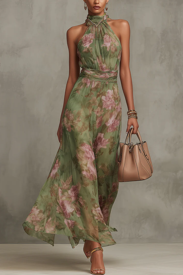 Livia | Vestido maxi halter floral elegante