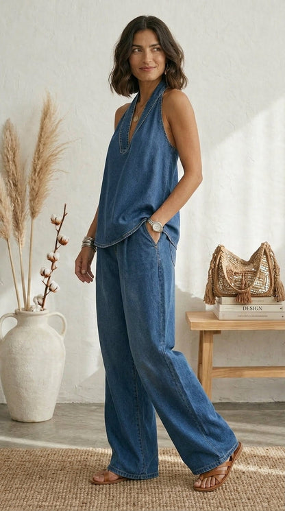 Ariadna Conjunto Azul Verano Pernera Fluida